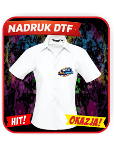 Damska koszula krótki rękaw odzież reklamowa DTF logo trwały nadruk pełny kolor
