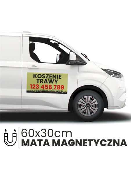 naklejka magnetyczna KOSZENIE TRAWY magnes na samochód 60x30cm TWÓJ NUMER