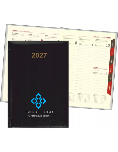 KALENDARZ A5 2027 TYGODNNIOWY FIRMOWY z nadrukiem LOGO NAPISEM 25 sztuk