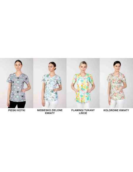 Bluza medyczna kolorowa we wzorki damska HAFT z TWOIM LOGO NAPISEM 10 sztuk