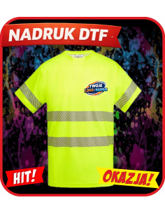 Odblaskowa koszulka odzież reklamowa DTF logo trwały nadruk pełny kolor