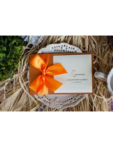Zaproszenia Ślubne Perłowe Glamour Pomarańczową Wstążką