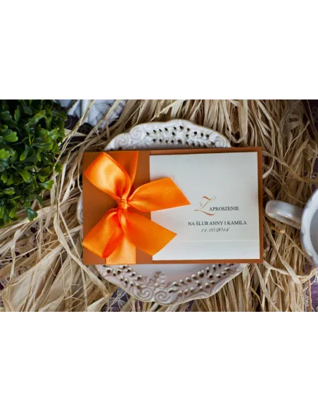 Zaproszenia Ślubne Perłowe Glamour Pomarańczową Wstążką