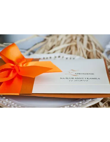 Zaproszenia Ślubne Perłowe Glamour Pomarańczową Wstążką