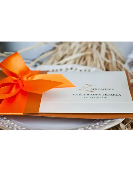 Zaproszenia Ślubne Perłowe Glamour Pomarańczową Wstążką