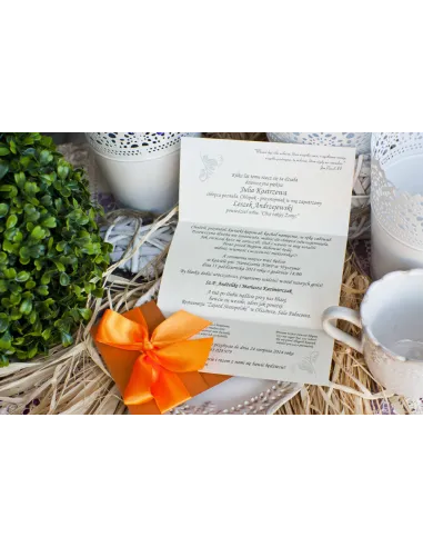 Zaproszenia Ślubne Perłowe Glamour Pomarańczową Wstążką