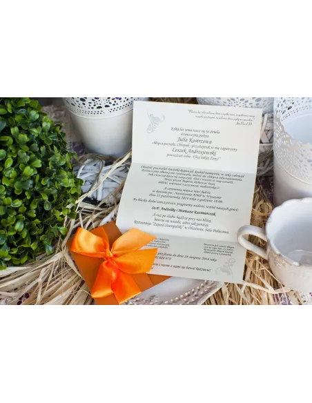 Zaproszenia Ślubne Perłowe Glamour Pomarańczową Wstążką