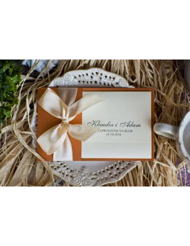 Zaproszenia Ślubne Perłowe Glamour Rude Kremową Kokardą