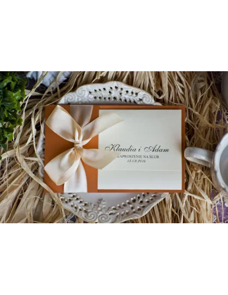 Zaproszenia Ślubne Perłowe Glamour Rude Kremową Kokardą