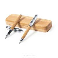 Bambusowy zestaw piśmienny, długopis i pióro kulkowe z nadrukiem UV LOGO 10  szt